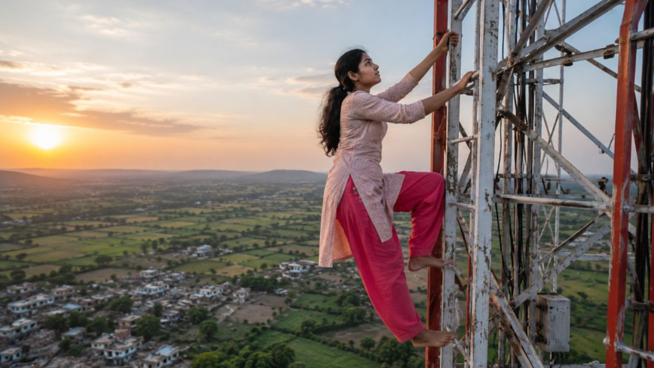 Woman climbs tower