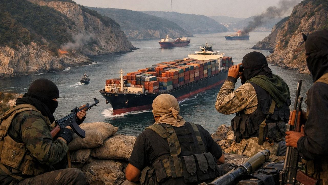 ai generated image of cargo ships passing through bab al mandeb