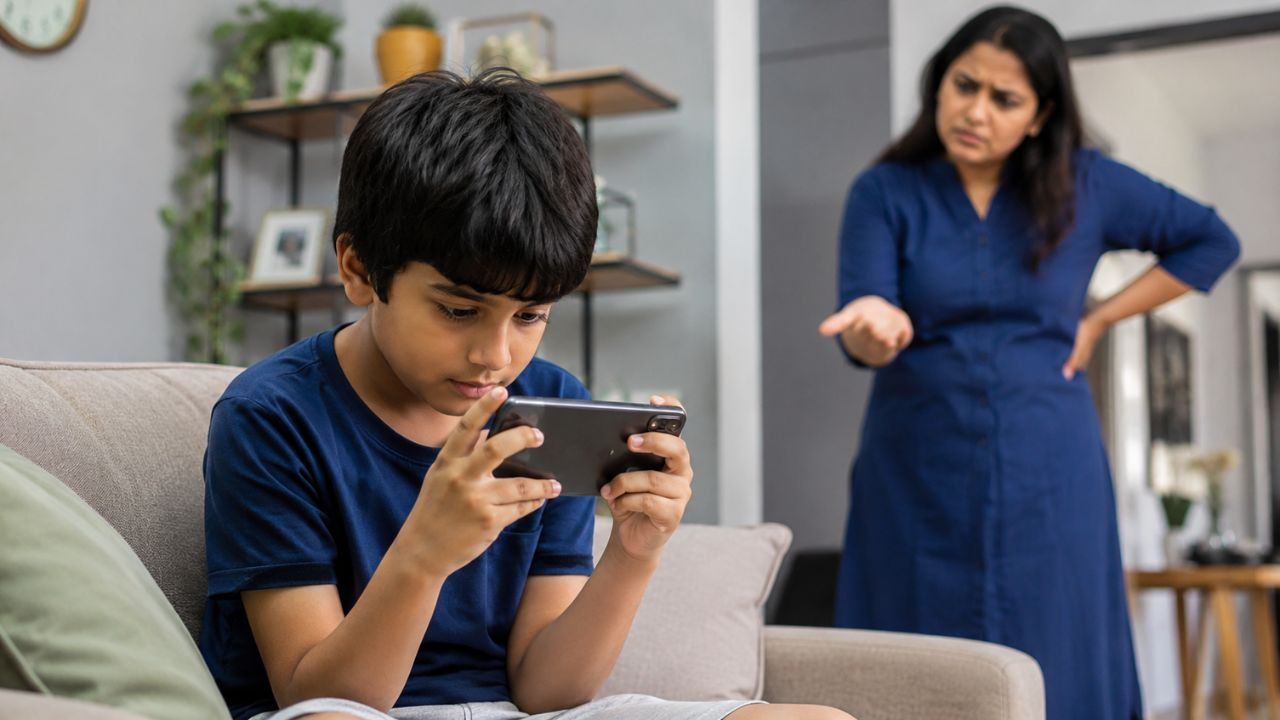 AI generated image of phone addicted kid