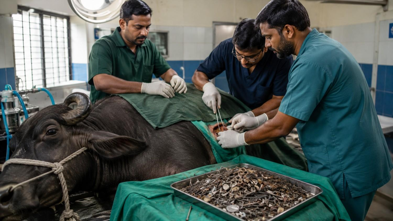 Veterinary Doctors Removing 66 Metal Objects from buffalo stomach