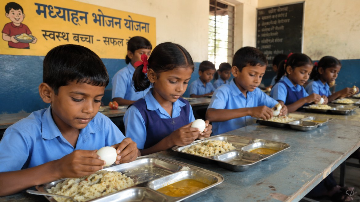 Ai image of students eating eggs