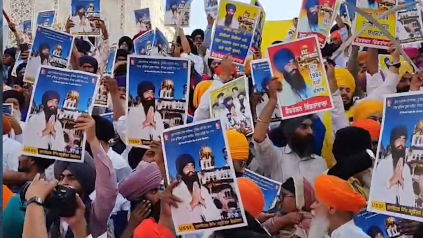 Posters displaying Jarnail Singh Bhindranwale seen at Sri Akal Takht Sahib