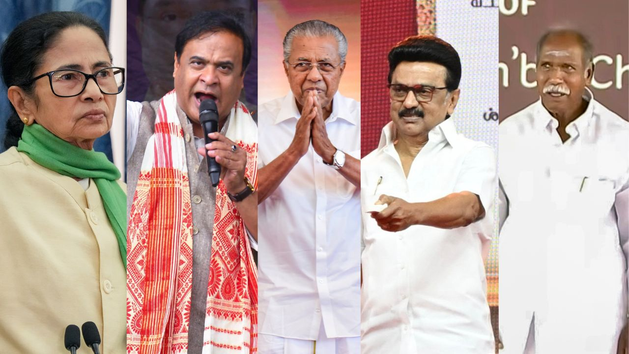 Mamata Banerjee, Himanta Biswa Sarma, Pinarayi Vijayan, M.K. Stalin, and N. Rangasamy