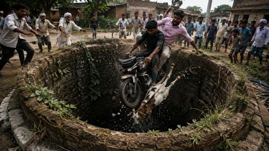 representative image of goat thief fleeing fell into well