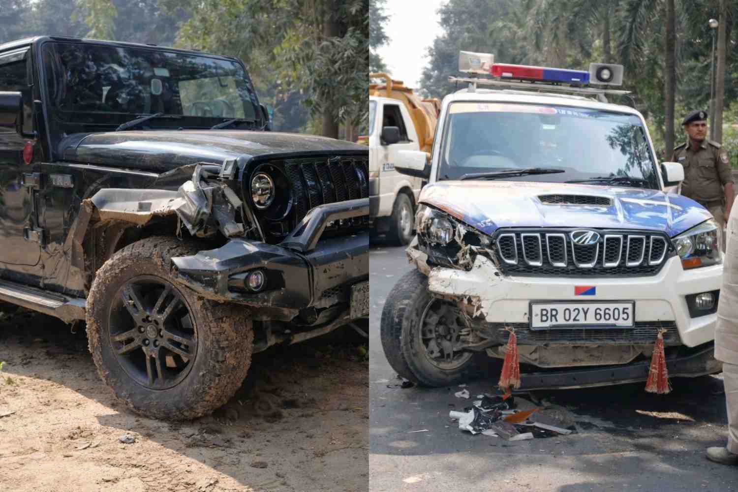 Police personnel inside the patrol vehicle narrowly escaped serious injuries