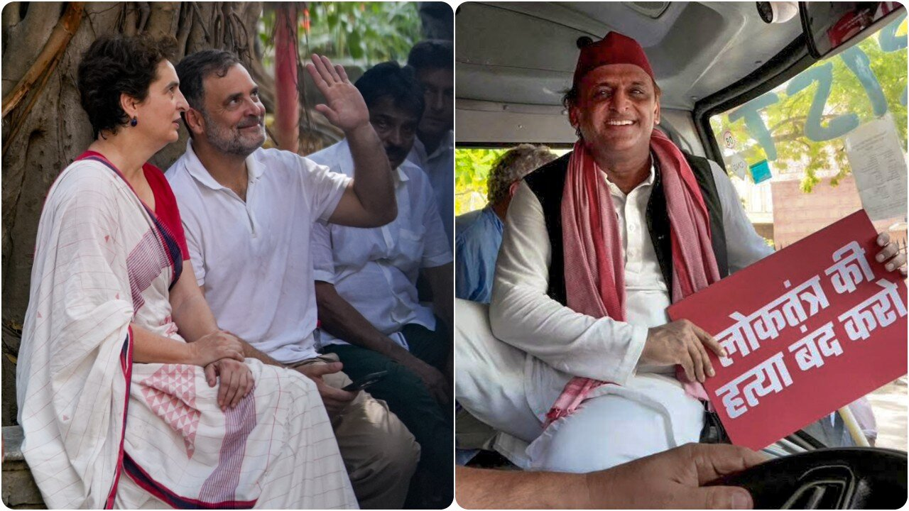 Priyanka Gandhi Rahul Gandhi and Akhilesh Yadav protesting in Delhi PTI