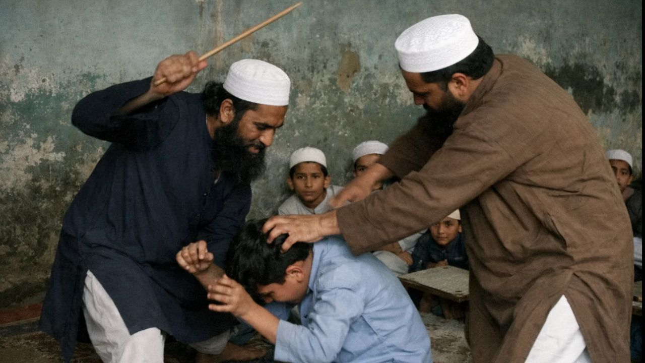  two Maulvis are brutally beating a boy 