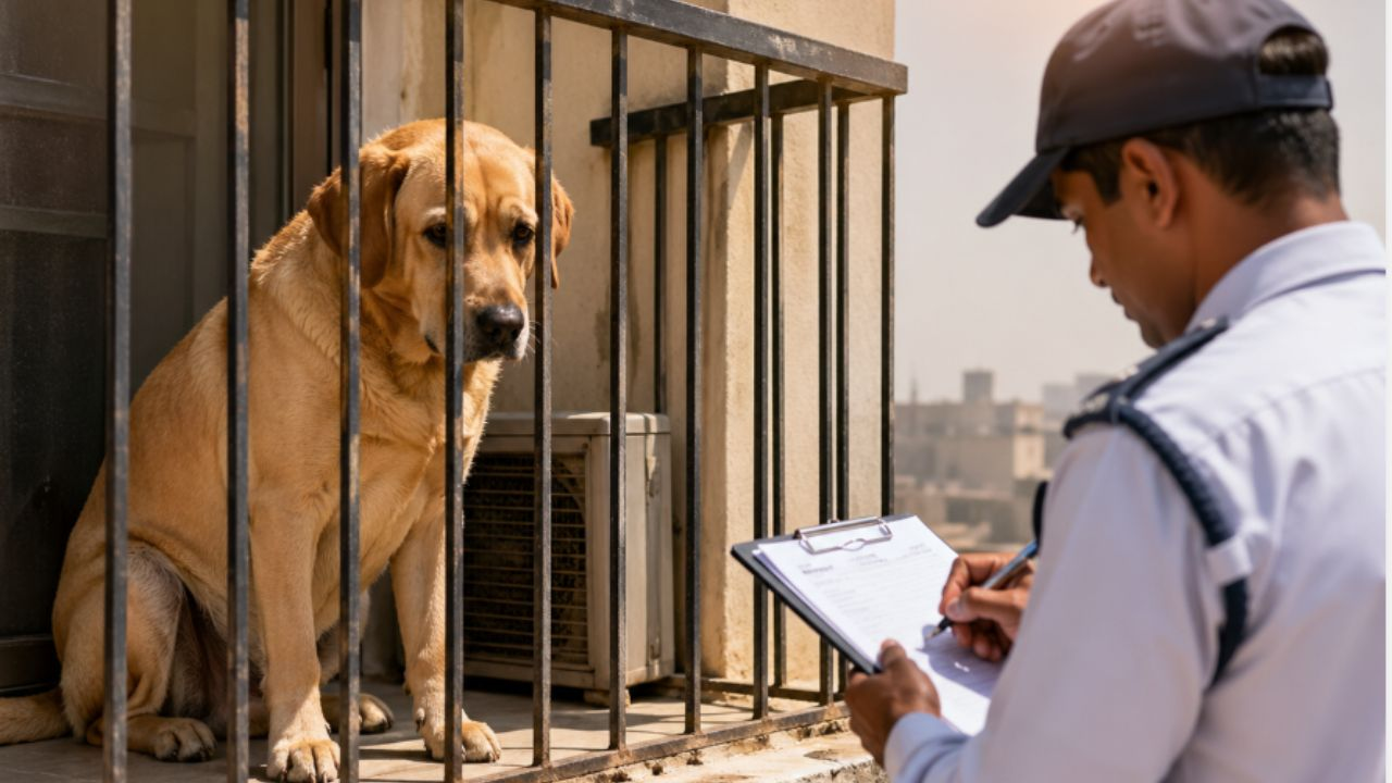 A dog was left in the balcony in the scorching heat 