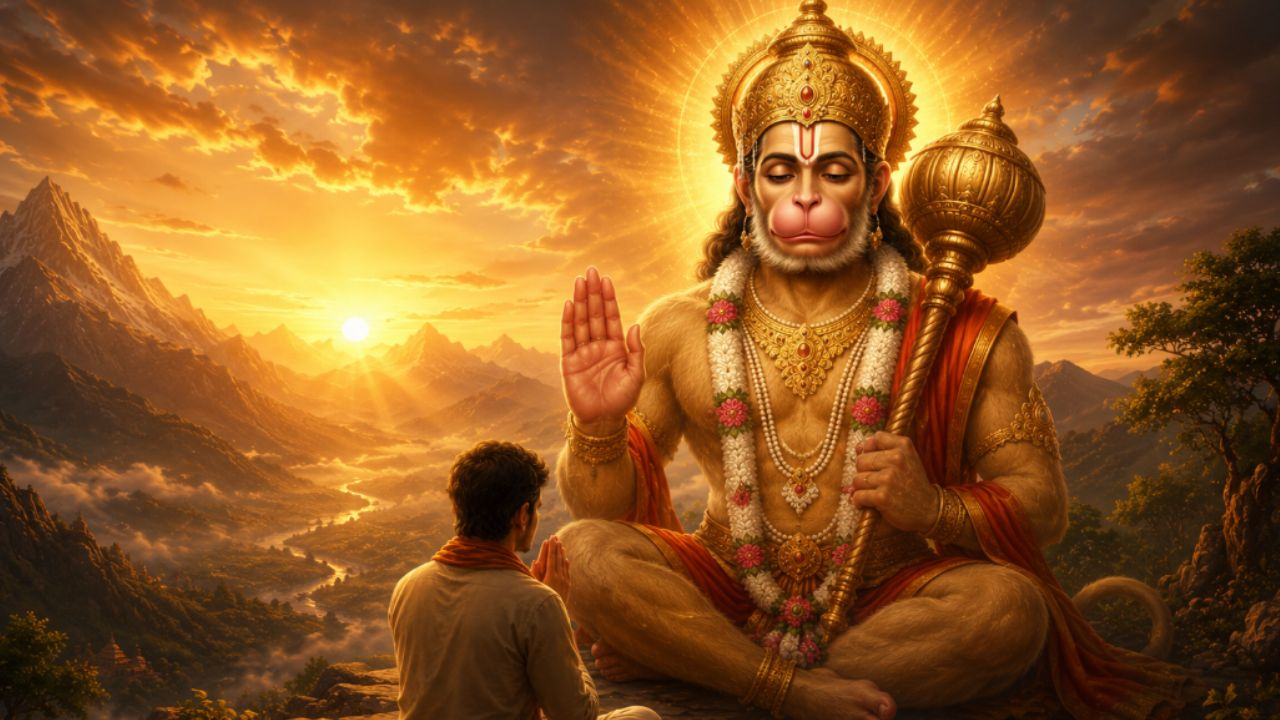 A bhakt read hanuman chalisa and Hanuman Ji giving blessing 