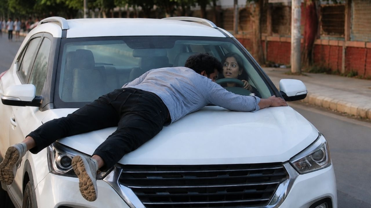 Man climbs onto car