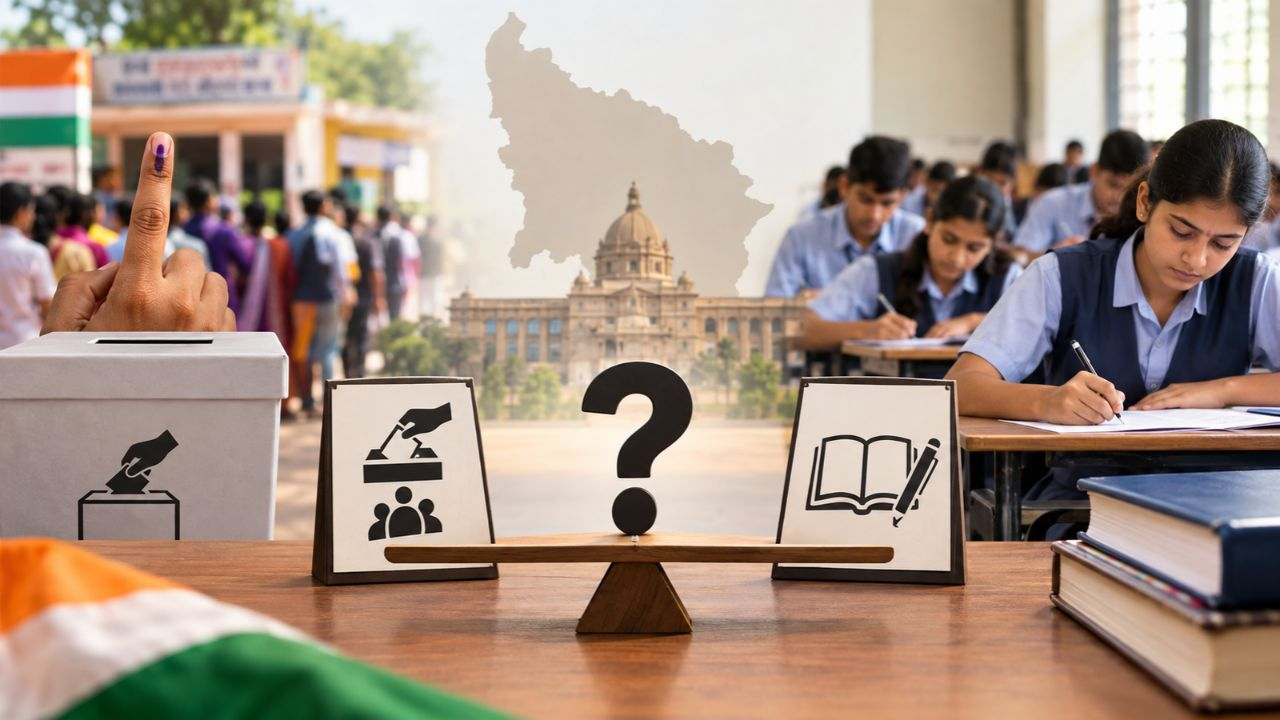 बोर्ड परीक्षा और विधानसभा चुनाव की प्रतीकात्मक तस्वीर
