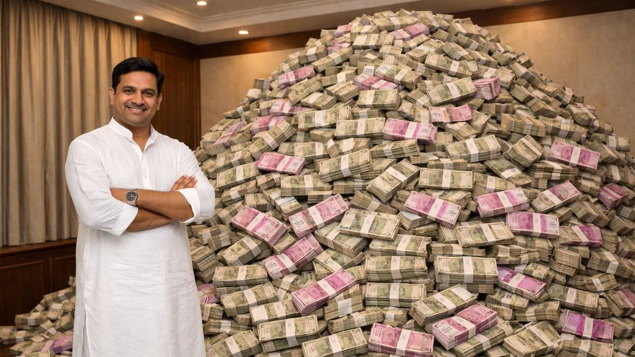representative image of a man with huge pile of currency notes