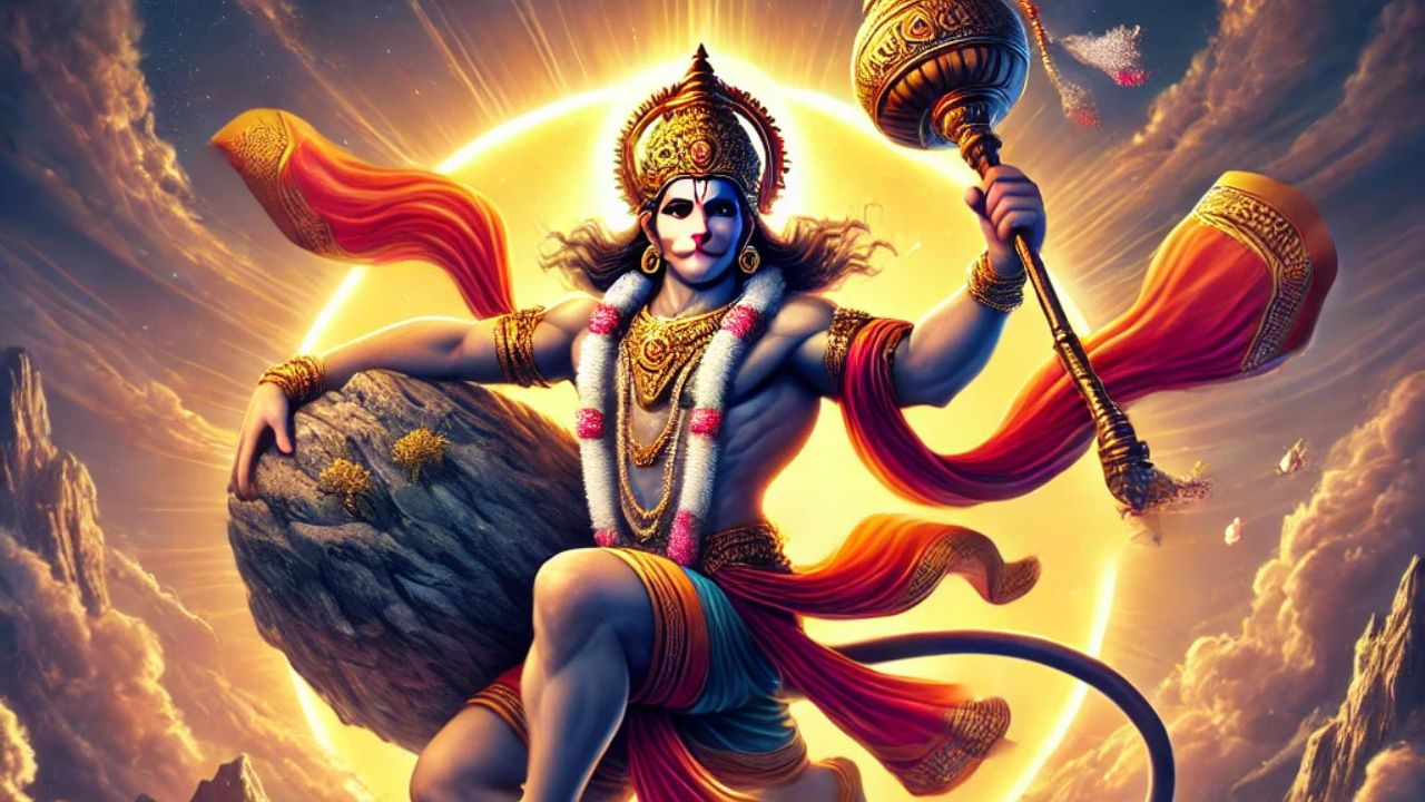 Hanuman ji Image Flying and holding rock