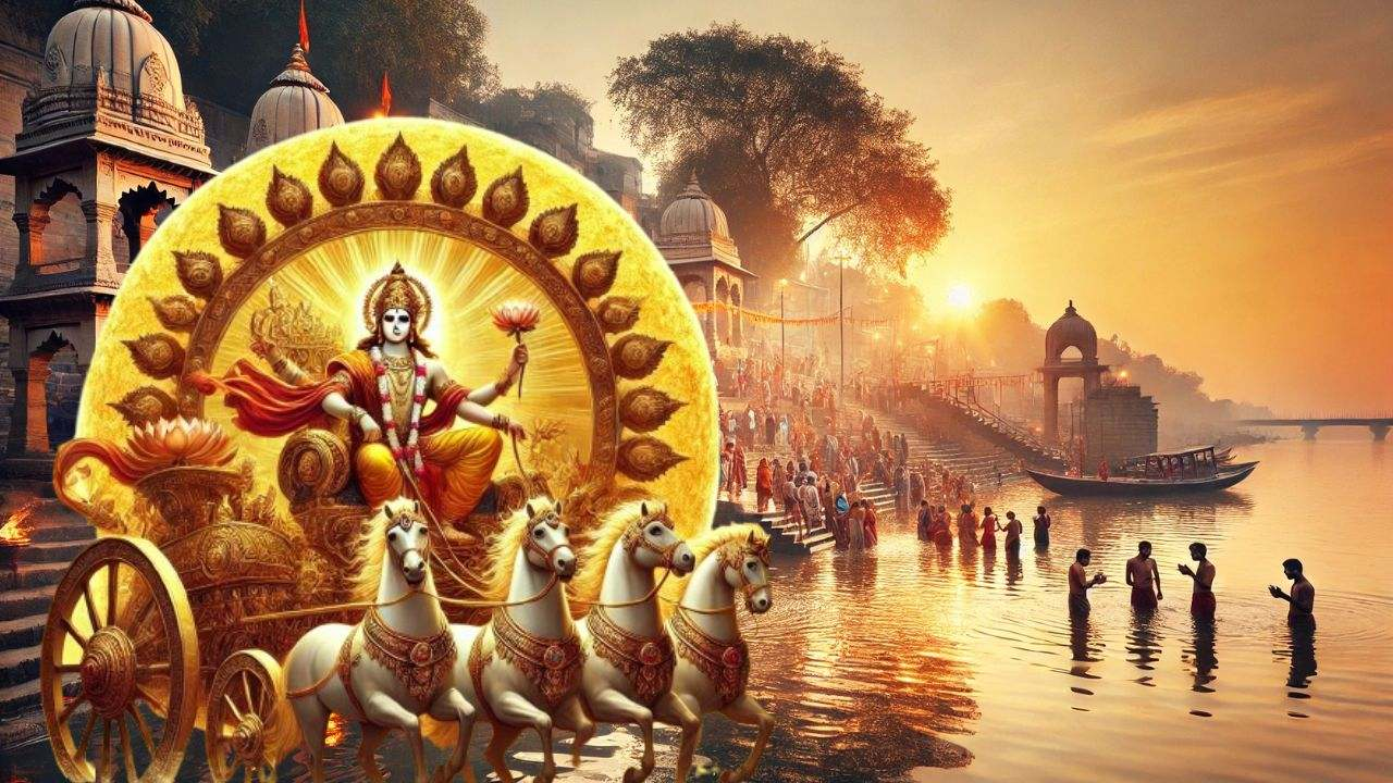 AI Image of Surya and people bathing in Ganga