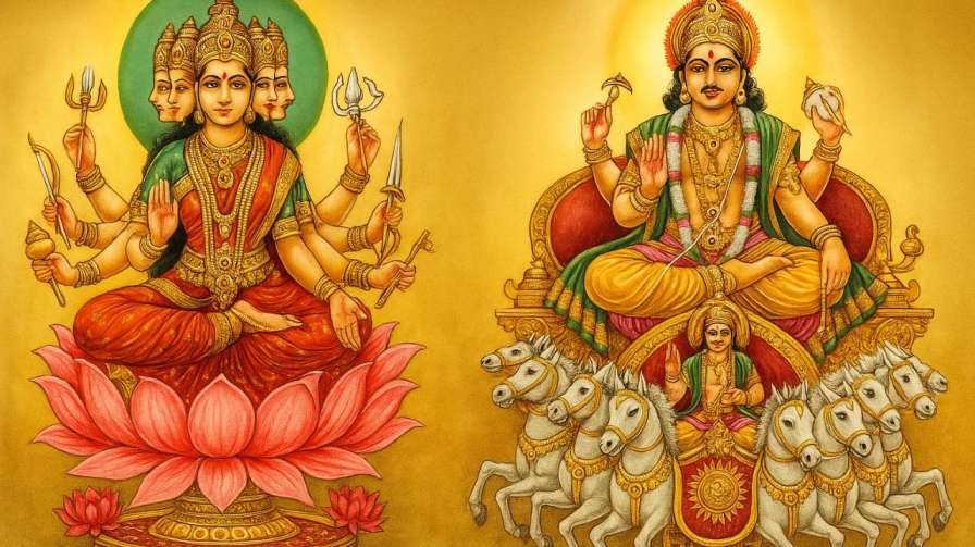 Devi Gayatri and bhagwan surya representational Picture