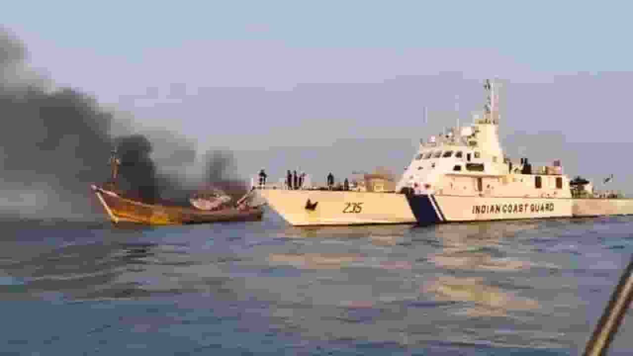 Videograb of boat caught fire । Photo Credit: X/ @ANI