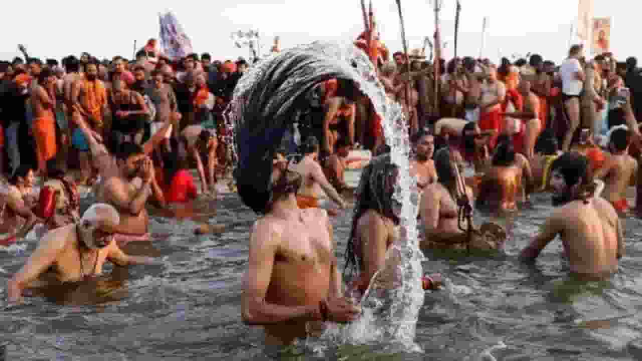 Mahakumbh Sadhu taking dip in Sangam