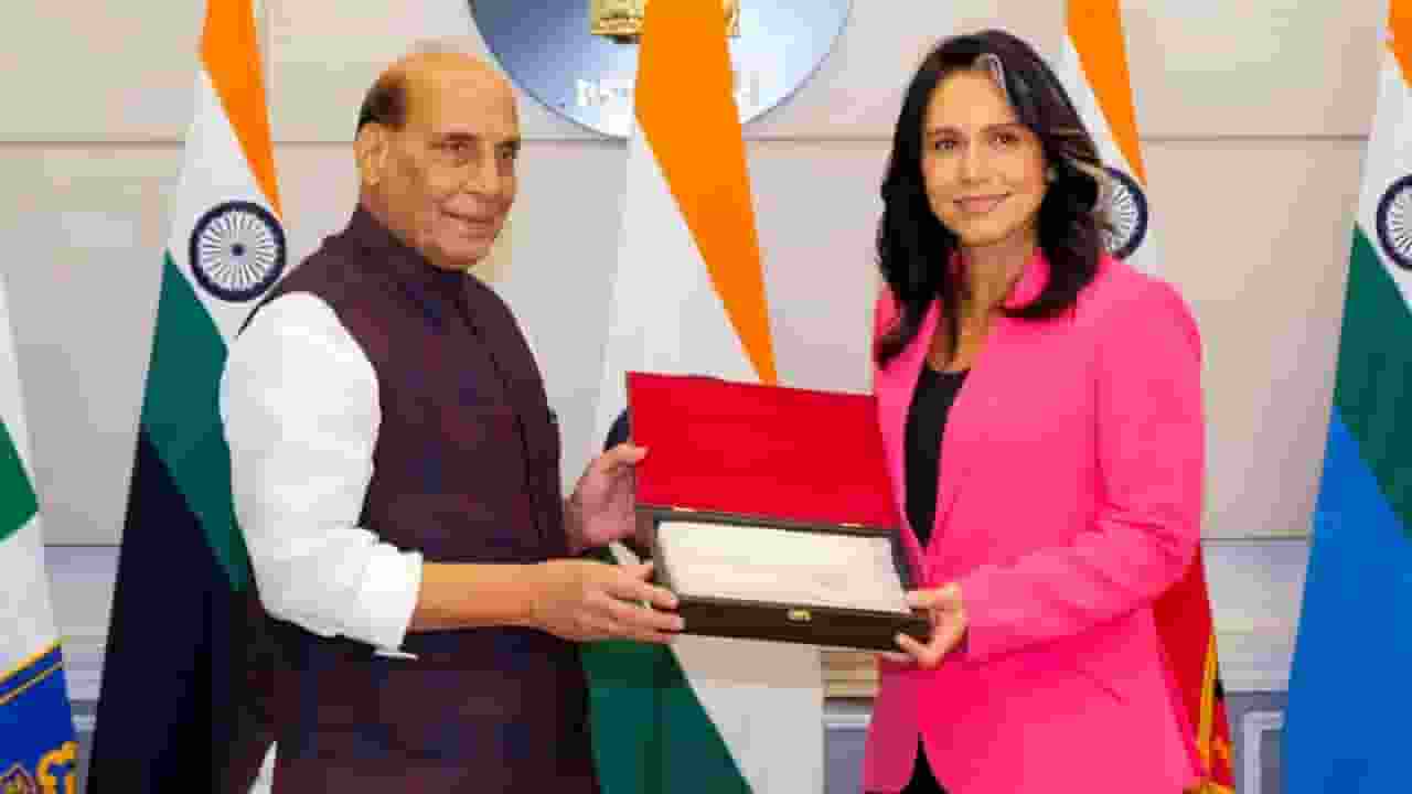 Rajnath Singh and Tulsi Gabbard । Photo Credit: PTI