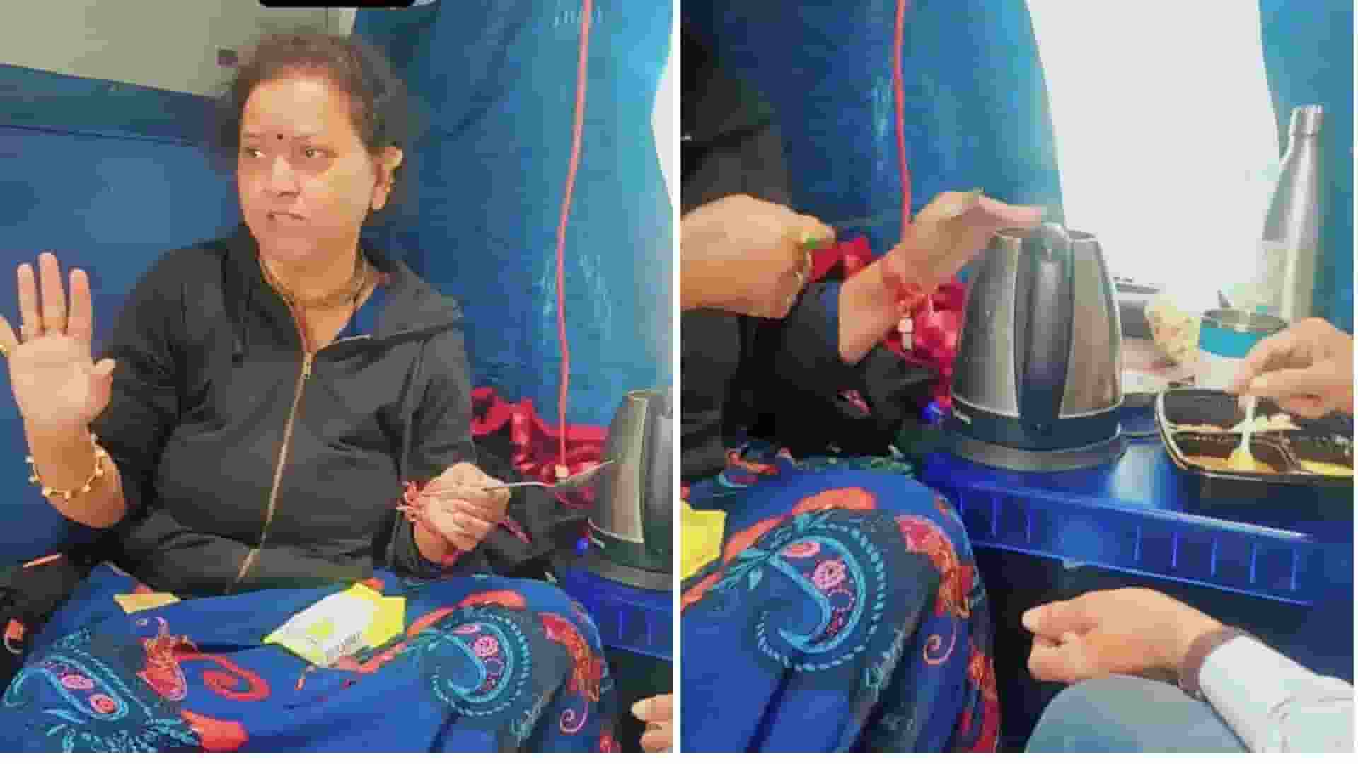 women cooked maggi Using electronic kettle inside train 