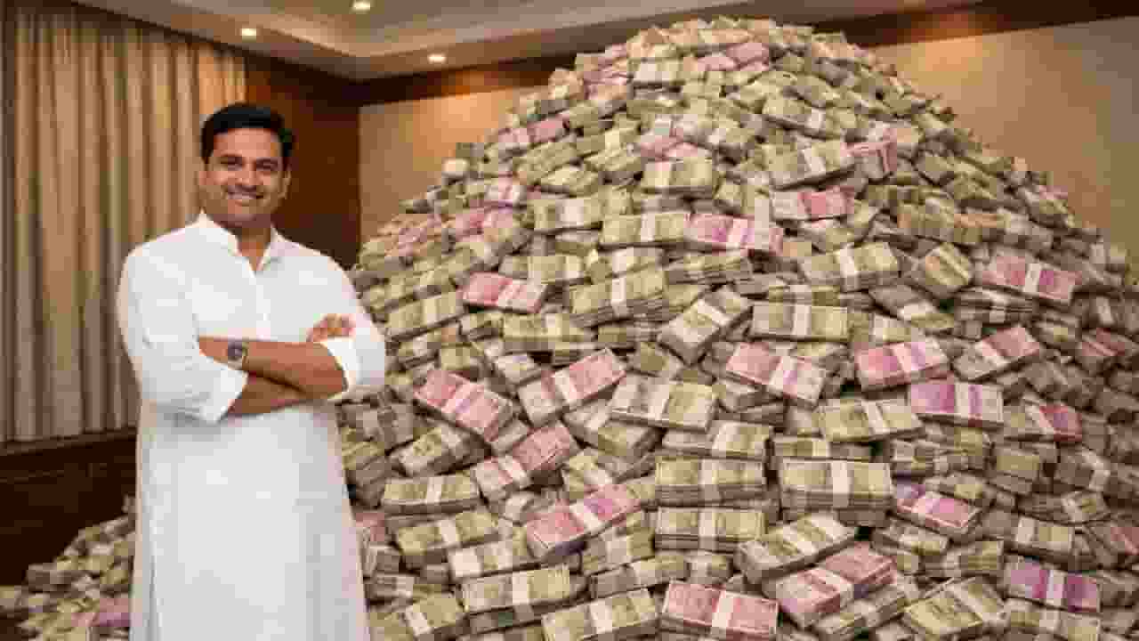 representative image of a man with huge pile of currency notes