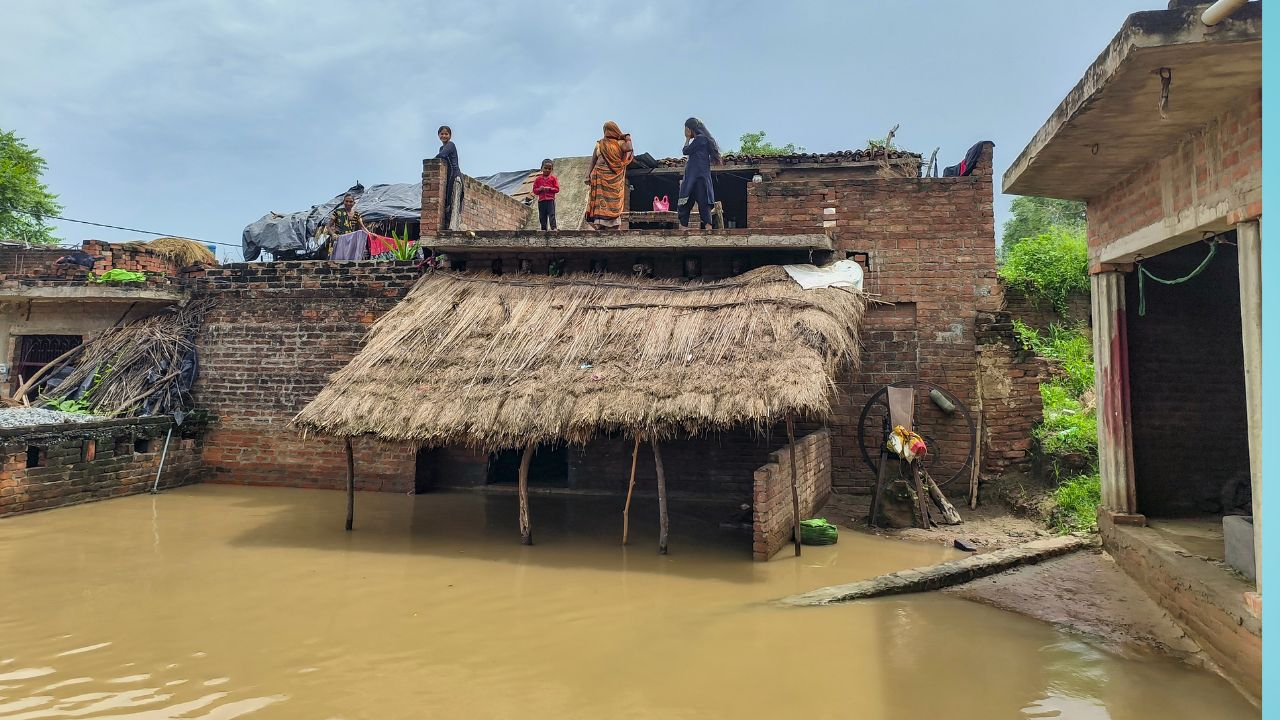 देश में भारी बारिश और बाढ़ कहर, UP और हिमाचल में हालत गंभीर people on the roof due to flood like situation । Photo Credit: PTI