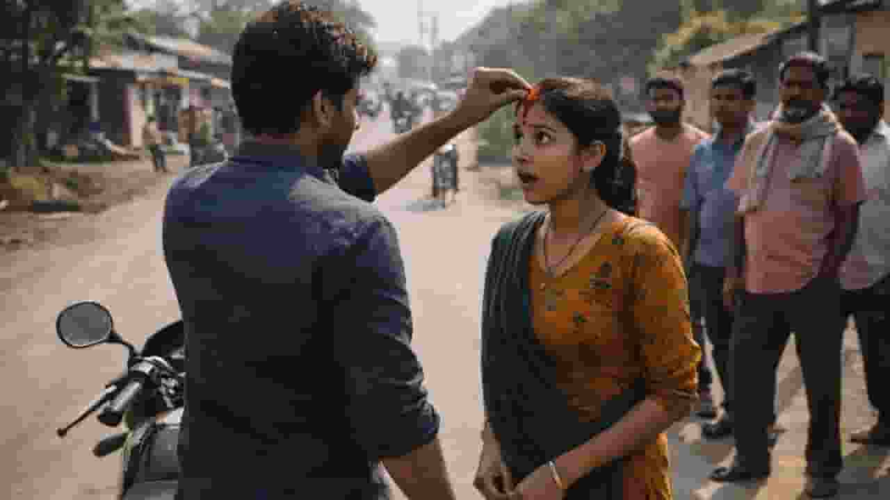 boy stopped bike and sindoor on girlfriend
