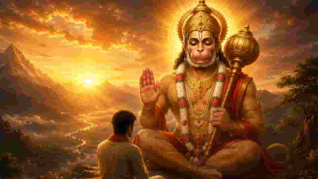 A bhakt read hanuman chalisa and Hanuman Ji giving blessing